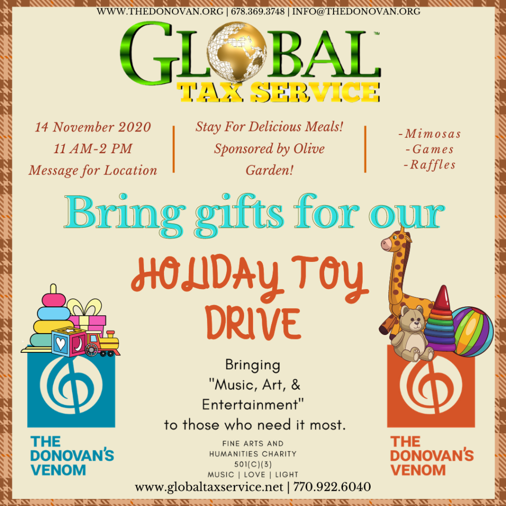 Global Tax Service is sponsoring a holiday Toy Drive. Please come out November 14, 2020 and support us at our Holiday Toy Drive (Party) Sponsored by Global Tax Service. The party will be from 11:00 A.M. until 2:00 P.M. Come, have lunch with us, bring a few toys for the children and Holiday Decorations for our holiday spectacular (December 4, 2020). Bring the Kiddos so we can let them write letters to Santa, and figure out what they would like for Christmas. We are a community and together we can create great change!